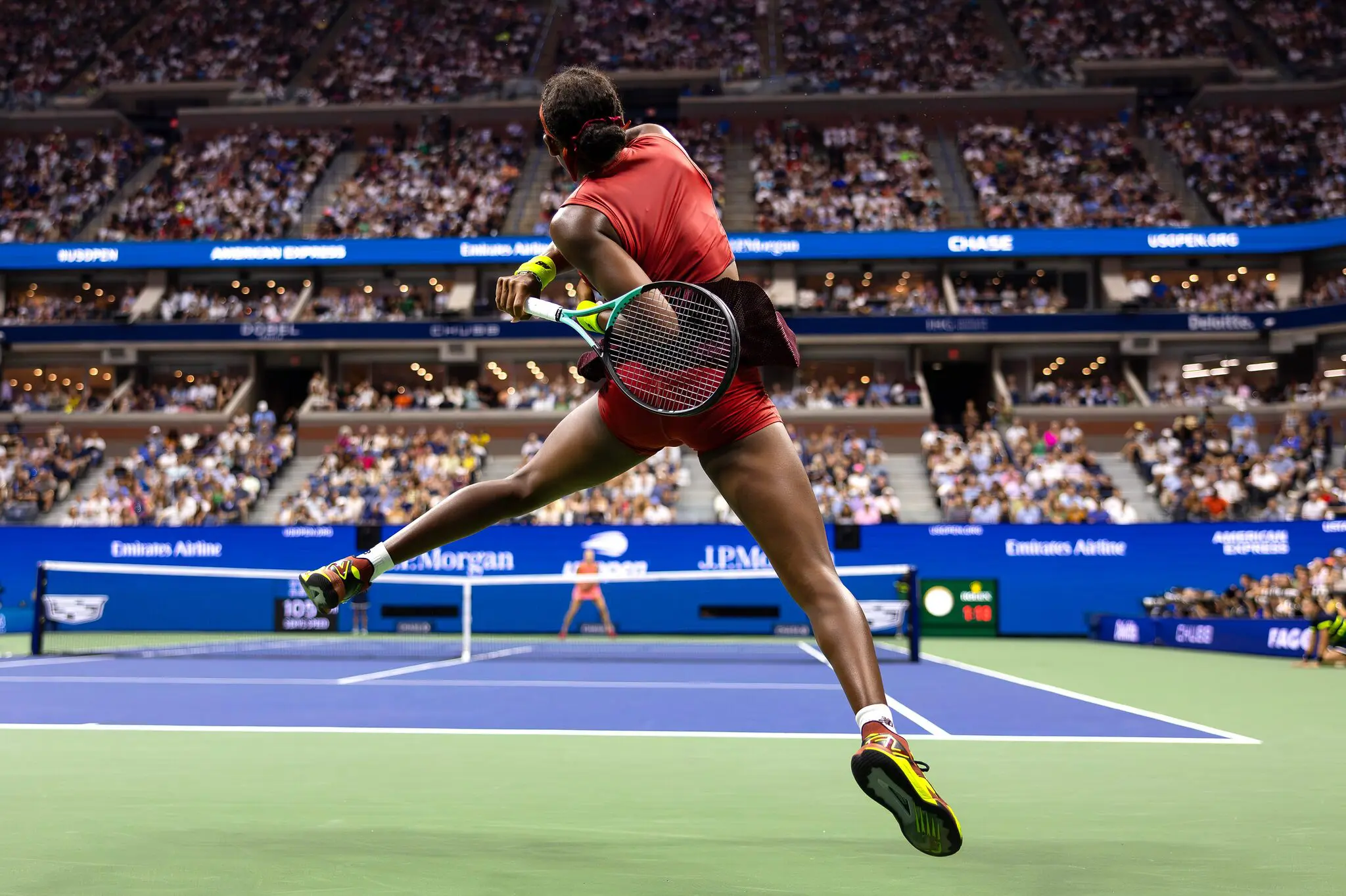 NEW YORK, NEW YORK - SEPTEMBER 09: Coco Gauff of the United States returns a shot against Aryna Sabalenka of Belarus during their Women's Singles Final match on Day Thirteen of the 2023 US Open at the USTA Billie Jean King National Tennis Center on September 09, 2023 in the Flushing neighborhood of the Queens borough of New York City. (Photo by Al Bello/Getty Images)